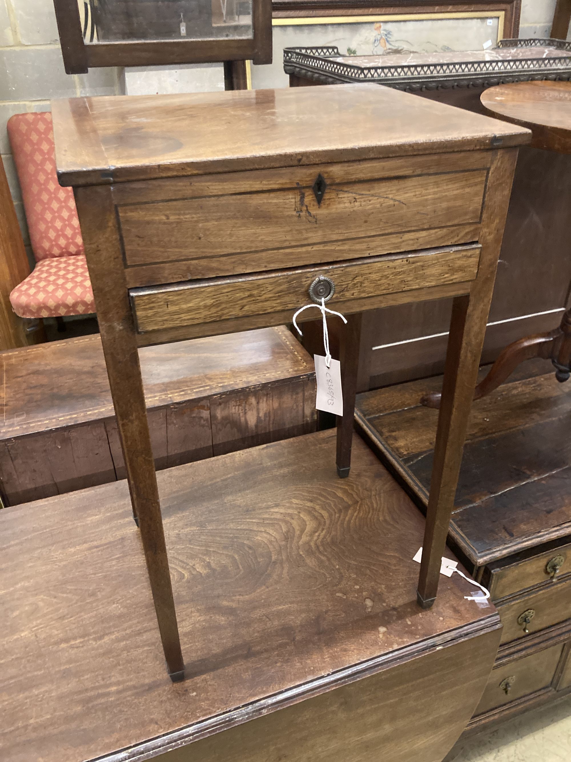 A George III mahogany work table, width 46cm, depth 39cm, height 74cm